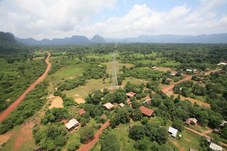 Power transmission line crossing the landscape in Laos